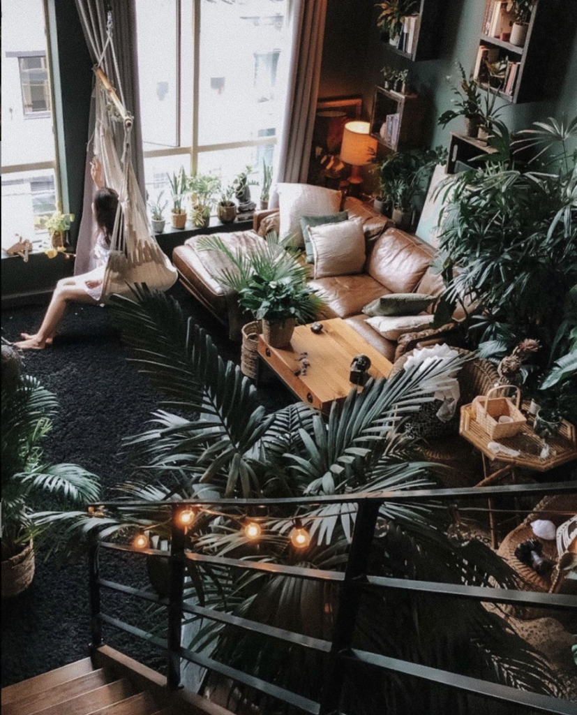 house filled with interior plants and a girl of a hammock 